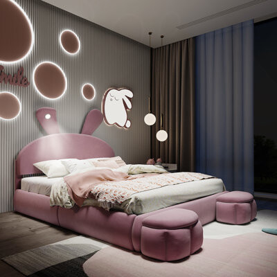 Full Size Upholstered Platform Bed with Cartoon Ears Shaped Headboard and Light