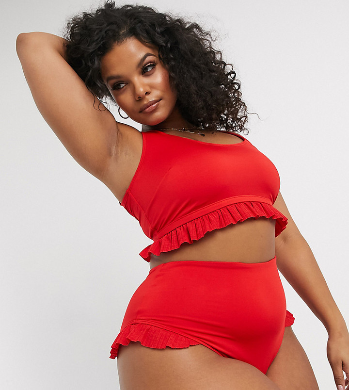 ASOS DESIGN curve pleated frill high waist high leg bikini bottom in red -  ShopStyle Two Piece Swimsuits