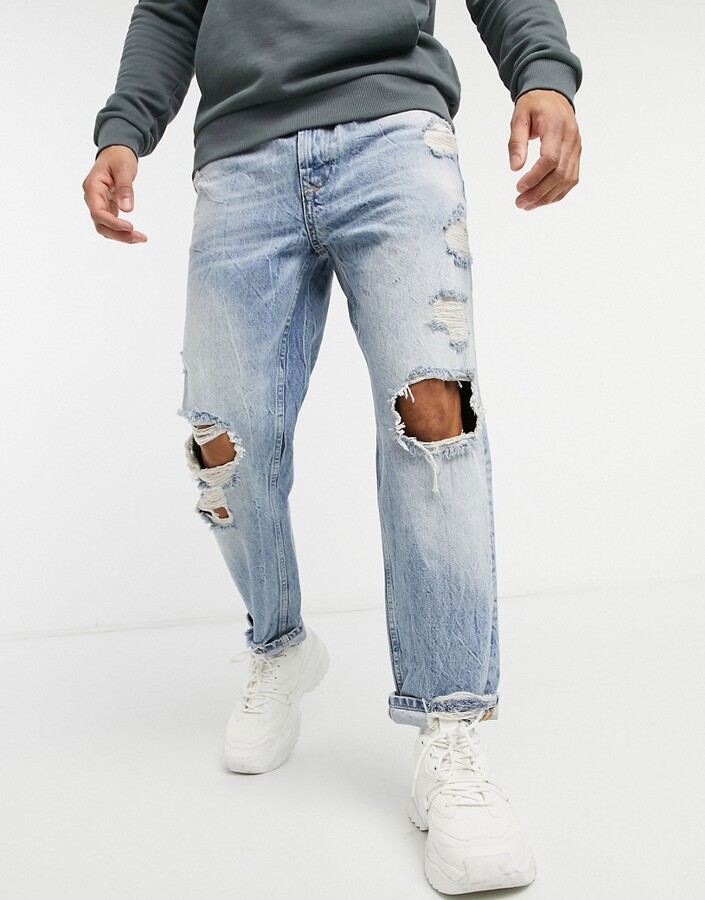 Bershka straight vintage fit in blue with rips in blue - ShopStyle  Distressed Jeans