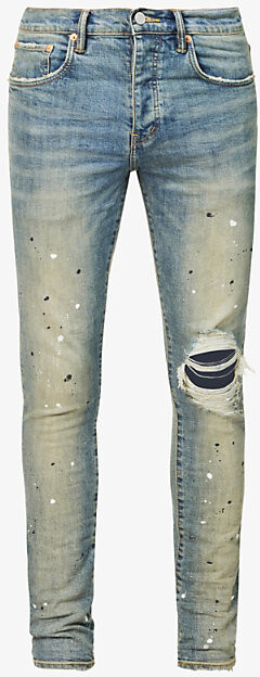 Purple Brand Mens Mid Blue Paint-Effect Dropped Fit Slim-Leg Denim Jeans 31