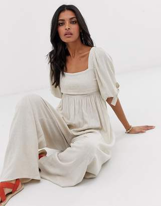 Lost Ink wide leg jumpsuit with puff sleeves linen