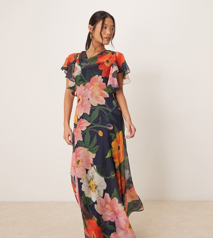 Hope & Ivy Petite waterfall sleeve cowl neck maxi dress in navy floral