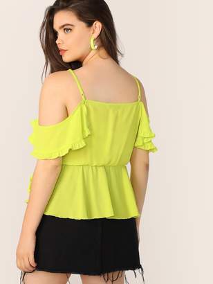 Shein Plus Neon Lime Cold Shoulder Tie Side Ruffle Top