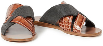 Brunello Cucinelli Bead-embellished Croc-effect Leather Slides