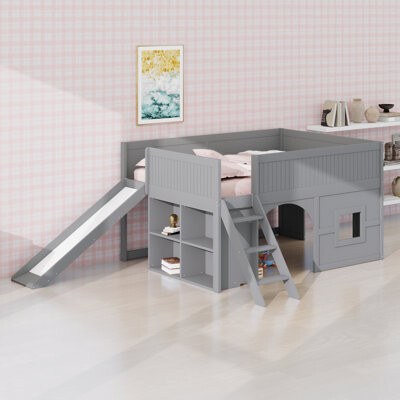 Harriet Bee Wooden Low Loft Bed With Storage Shelves And Slide,Door And Window Design