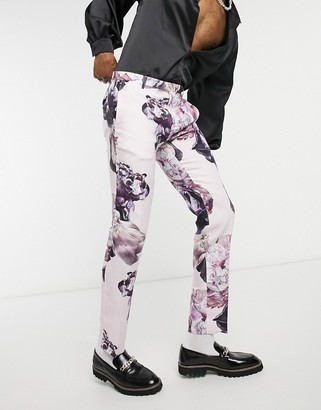 Twisted Tailor slim linen suit pants in dusty pink with floral print
