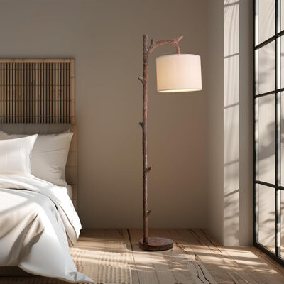 Loon Peak Retro Farmhouse Walnut Wood Floor Lamp - Rustic Tree Trunk Design With Foot Switch