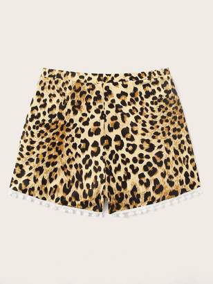 Shein Plus Leopard Pom-pom Trim Swimming Shorts
