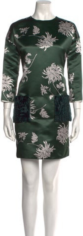 Rochas Floral Print Mini Dress Rochas Shift Dress Green Floral Print Three-Quarter Sleeve with Crew Neck Exposed Zip Closure at Back Designer