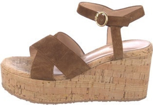 Gianvito Rossi Suede Mules Brown Colorblock Pattern Peep-Toes Platform Crossover Straps & Buckle Closure at Ankles Designer