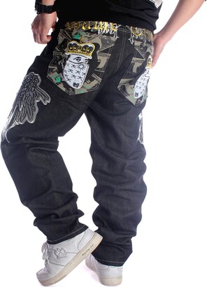 Ruiatoo Men's Baggy Jeans Classic Plain Relaxed Fit Hip Hop Pants Dance  Black Jeans Denim