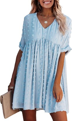 KIRUNDO Women’s Summer Floral Mini Dress V Neck Short Sleeve Casual Dress Flowy Loose Cute Dress Bohemia Dress 