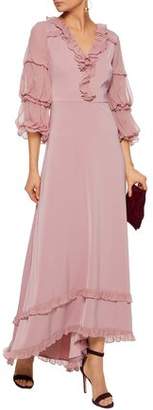 Mikael Aghal Ruffled Georgette-Trimmed Satin Gown