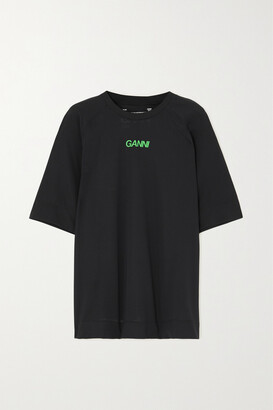 Ganni Printed Stretch Recycled-mesh T-shirt - Black