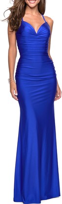 La Femme Strappy Back Ruched Trumpet Gown