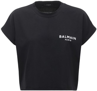 Balmain Cropped Flocked Logo Cotton T-Shirt - ShopStyle