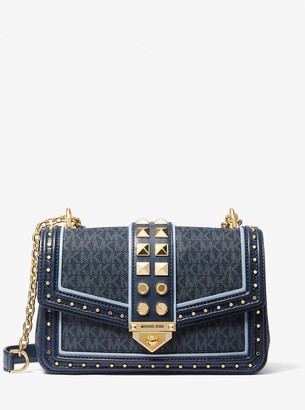 soho small studded leather and canvas shoulder bag