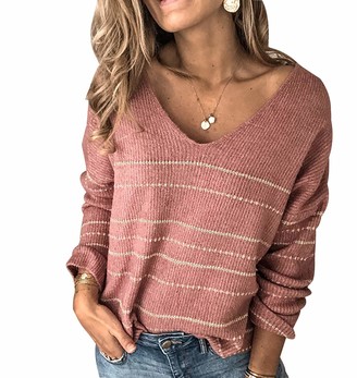 Pengniao Off Shoulder Vneck Knit Jumper for Women V Neck Jumpers Womens Ladies Oversized Striped Knitted Jumper Pullover Sweaters Women Top Sweater Loose Cosy Casual Thick Large Plus Size Trendy Warm Pink M