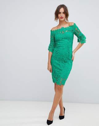 Paper Dolls off shoulder crochet midi dress with frill sleeve in emerald green