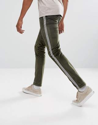 ASOS DESIGN Skinny Khaki Velour Pants With Side Stripe