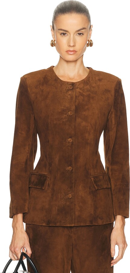 AEXAE Leather Suede Padded Contour Blazer in Suede Honey Brown in Brown