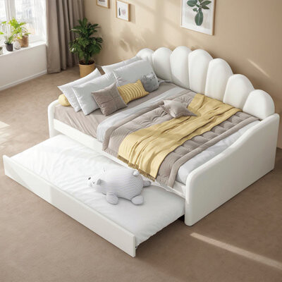 Mercer41 Velvet Upholstered Daybed With Elegant Shell Design And Trundle – Full Size FrameClassic Upholstered Frame