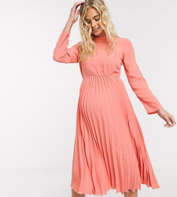 pleated high neck midi dress