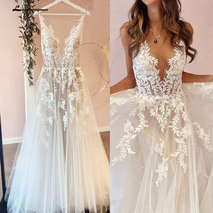 lakshmigown Sexy A-Line Backless Wedding Dress Customized Lace Applique Beaded Off White Tulle Wedding Gowns Trouwjurk Long Bridal Dress