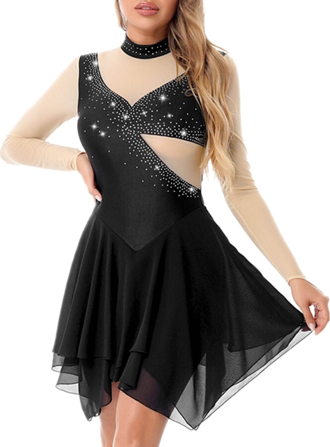 TiaoBug Women Glitter Rhinestone Lyrical Ballet Dance Costume Long