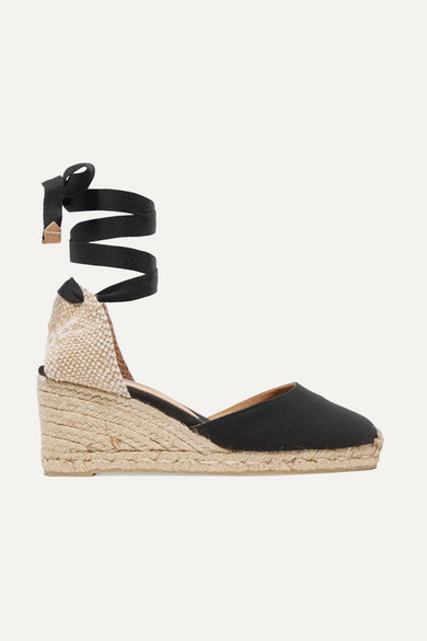 white wedges with ribbon tie