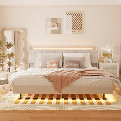 Latitude Run King Floating Bed Frame with Led Light and Charging Station Upholstered Platform Bed Frame King Size