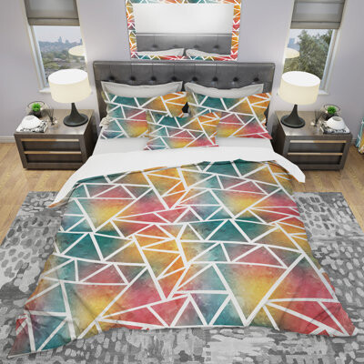 Design Art Colored Triangle Pattern with Grunge Effect - Modern Duvet Cover Set - Microfiber Polyester