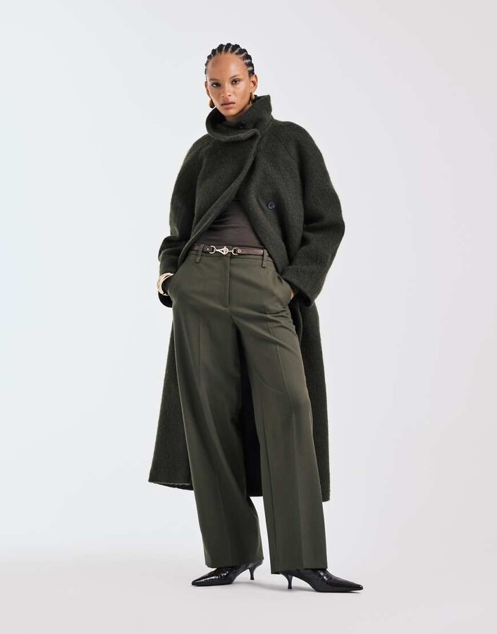 Arket pure wool straight leg pants with flat front in olive green