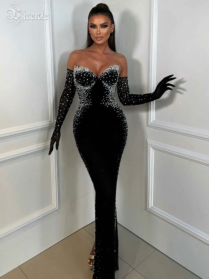 VJ.GOCHI VC Pearls Embellished Black Velvet Long Dress Strapless Backless Maxi Prom Cocktail Party Evening Gown with Gloves Vestidos