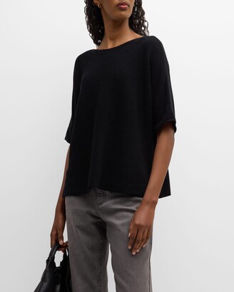 Eileen Fisher Ribbed Elbow-Sleeve Bateau-Neck Top