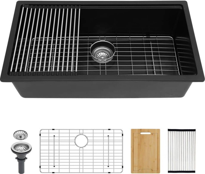 Afhocomp 33 in. Undermount Single Bowl Black Quartz Kitchen Sink with Bottom Grids, Drain Board