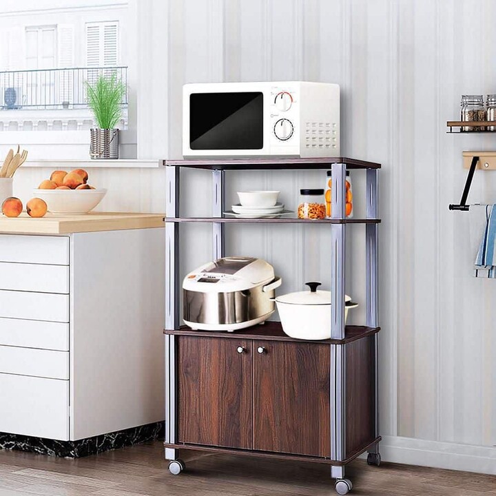 Gymax Bakers Rack Microwave Stand Rolling Storage Cart Multi-functional Display Walnut Microwave Cart