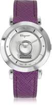 Thumbnail for your product : Ferragamo Minuetto Silver Tone Stainless Steel Case and Purple Leather Strap Women's Watch
