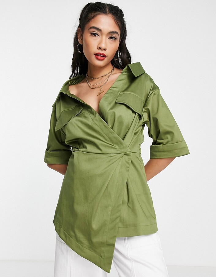 nakoming Diplomaat Zenuw Topshop premium utility wrap shirt in green - ShopStyle