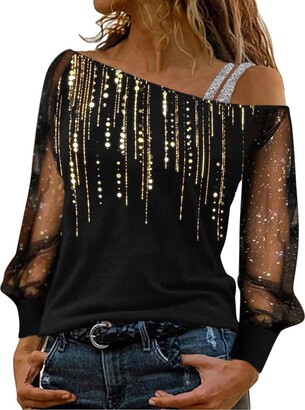 BBRS Women Casual Sequin Print Top Shirt Mesh Long Sleeve Cold Shoulder  Shirts Loose Elegant Splice Roupas Femininas (Gold XL) - ShopStyle