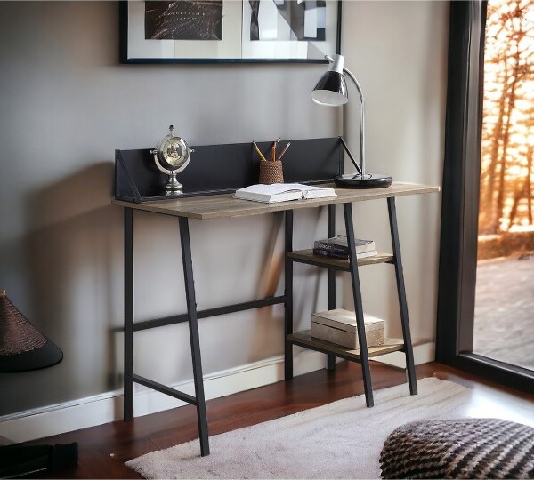 EPOCH VENTS RusticSyntheticWoodWritingDeskwithMetalFrameand2-TierStorageShelf