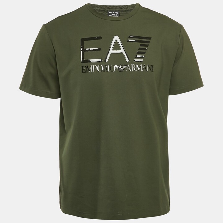 Emporio Armani Dark Green Logo Print Cotton Crew Neck T-Shirt