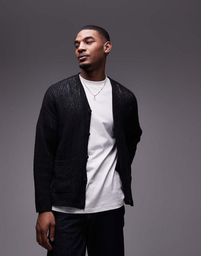 Topman knitted crochet cardigan in black
