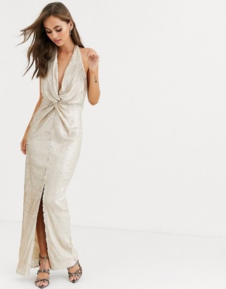 Little Mistress wrap front sequin maxi dress in cream and gold