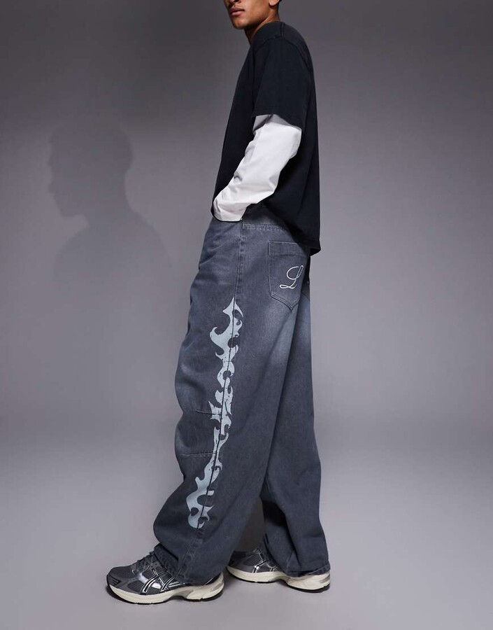 Liquor N Poker reign baggy print jeans in gray wash