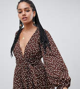 Thumbnail for your product : ASOS DESIGN long sleeve plunge top with kimono sleeve and belt in polka dot