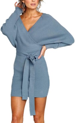 Mansy Women's Sexy Cocktail Batwing Long Sleeve Backless Mock Wrap Knit Sweater Mini Dress