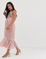Thumbnail for your product : Hope & Ivy Maternity embroidered lace ruffle pencil dress with ruffle hem in pink