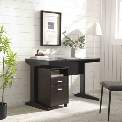 Ebern Designs Home office desk with modesty panel and detached file cabinet on locking wheels with two drawers file drawer cubby shelf metal bar handle Red Cocoa co