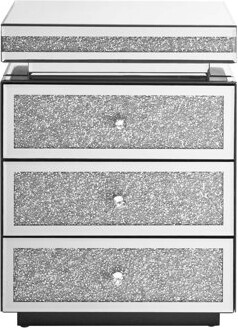 Everly Quinn Mirrored Nightstand with 3 Drawers, Silver Nightstand with Crystal Inlay, Mirror End Table, Modern Bedside Table, Glass Table for Bedroom, 13.8''W x 1